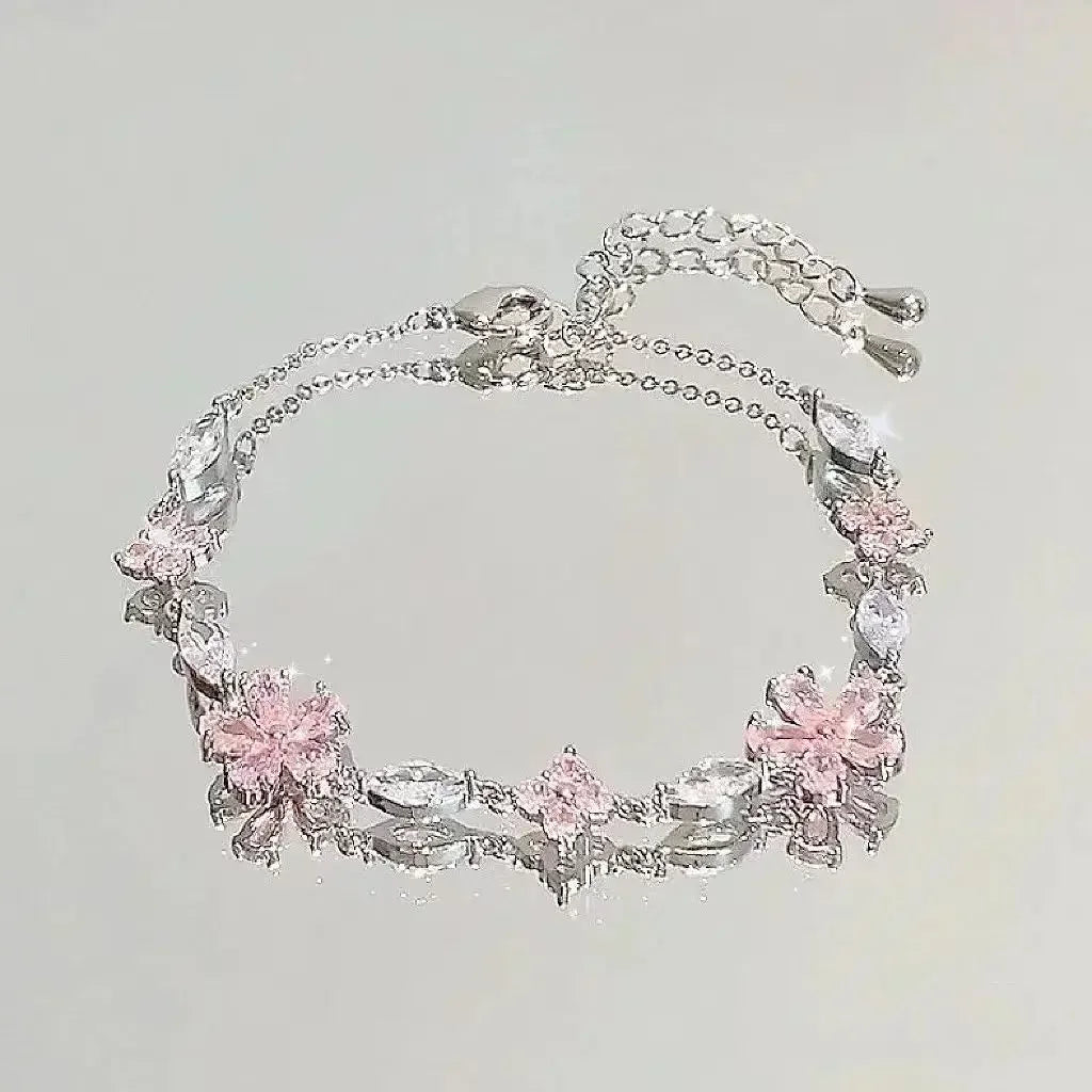 Pink Cherry Blossom Crystal Bracelet for Women & Girls – Bowknot Zircon Dainty Link Chain