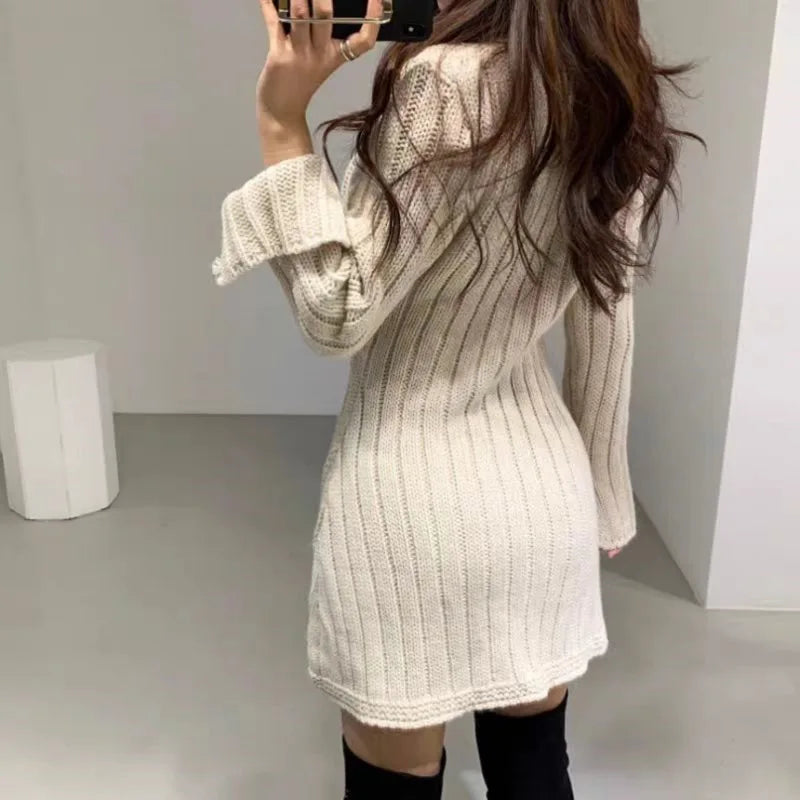 Knit V-Neck Twist Sweater Dress Long Sleeve A-Line Knee-Length Slim Fit (One Size) — Korean Casual Party