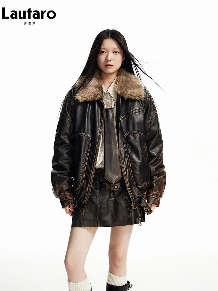 Vintage Distressed Brown PU Faux Leather Jacket with Faux Fur Collar – Women's Zipper Moto Coat