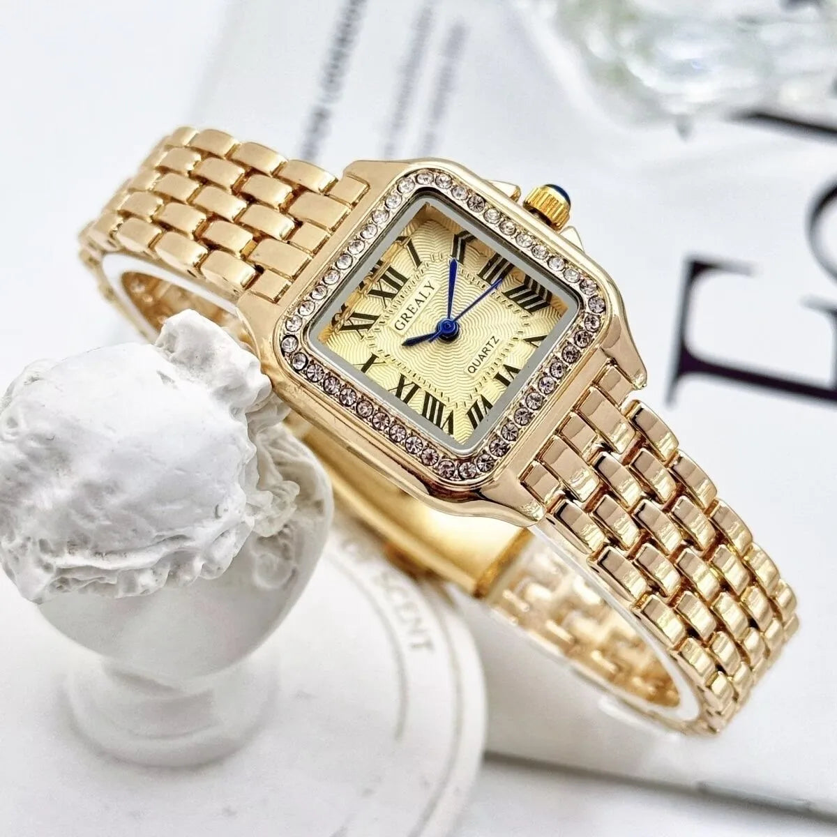 Women's Square Quartz Watch with Rhinestone Accents, 27mm Dial Stainless Steel Bracelet Casual Fashion Wristwatch