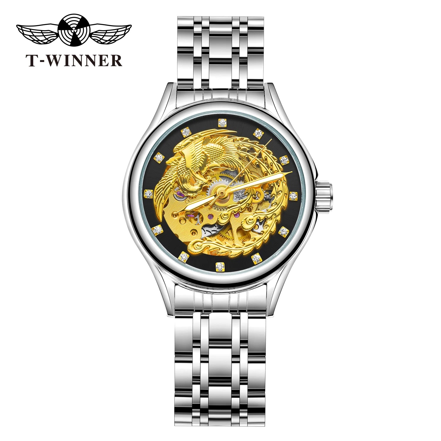 Golden Phoenix Skeleton Dial Automatic Women's Watch Stainless Steel Waterproof Luxury