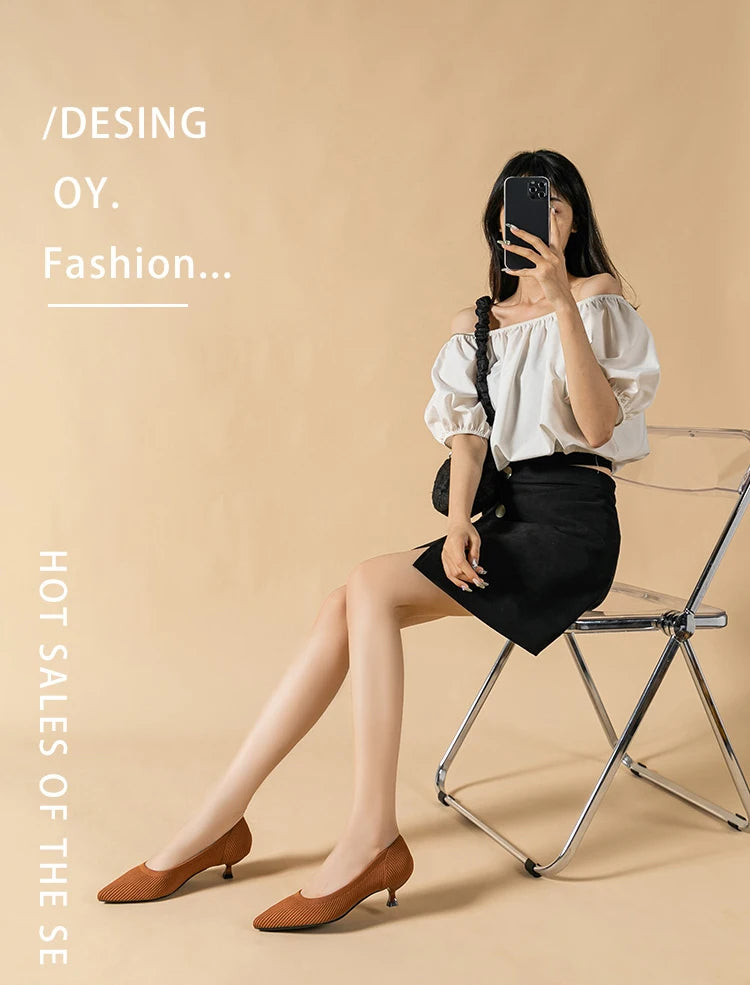 Women's Pointed-Toe Knit Slingback Pumps, Breathable Latex Insole & Anti-Slip Rubber Sole, 3.5 cm (1.38 in) Mid Heel