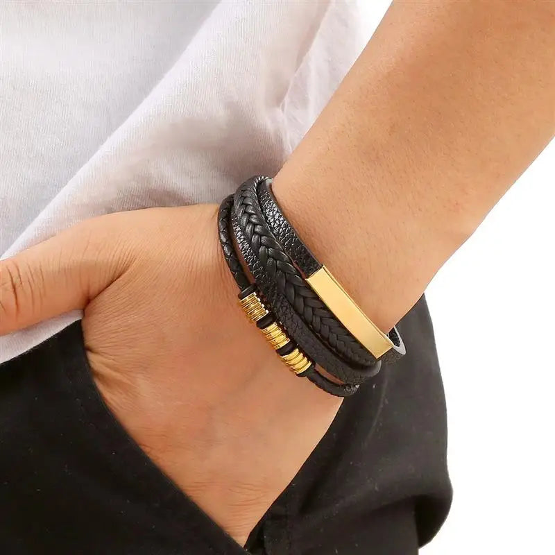 Men's Multi-Layer Woven Leather Bracelet with Alloy Magnetic Buckle - Punk Style, 19/21/23 cm (7.5/8.3/9.1 in)