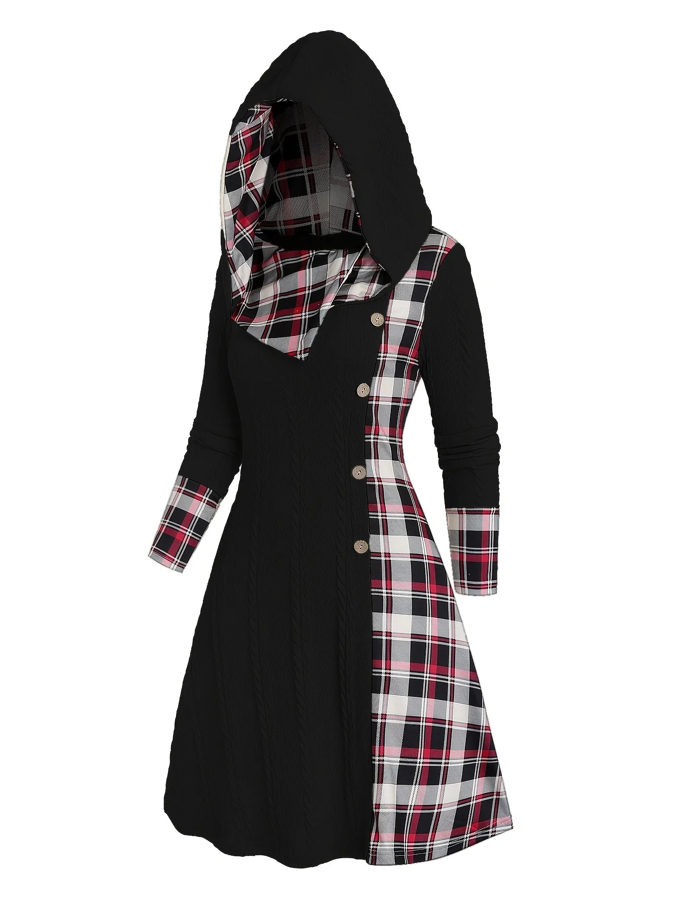 Women's Plaid Knitted Hooded A-Line Dress with Faux Buckle, High-Waist Long Sleeves