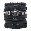 6-Pack Red & Black Handmade Wrap Leather Bracelets with Wood Beads - Adjustable Unisex Boho Bangle Set
