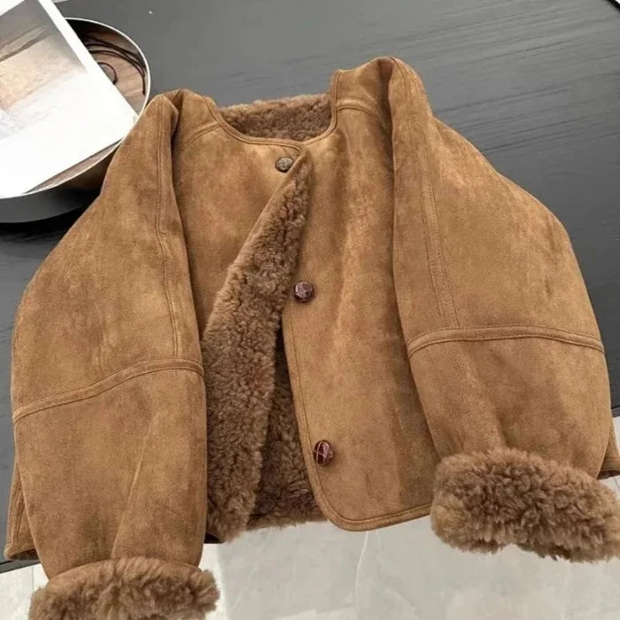 Women's Brown Leather Jacket with Integrated Fur – Thickened Crew Neck Autumn/Winter Coat