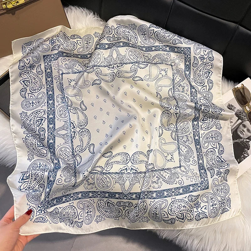 Luxury Square Silk-Feel Scarf 70 x 70 cm (27.6 x 27.6 in) Korean Fashion Floral Bandana Kerchief Wrap