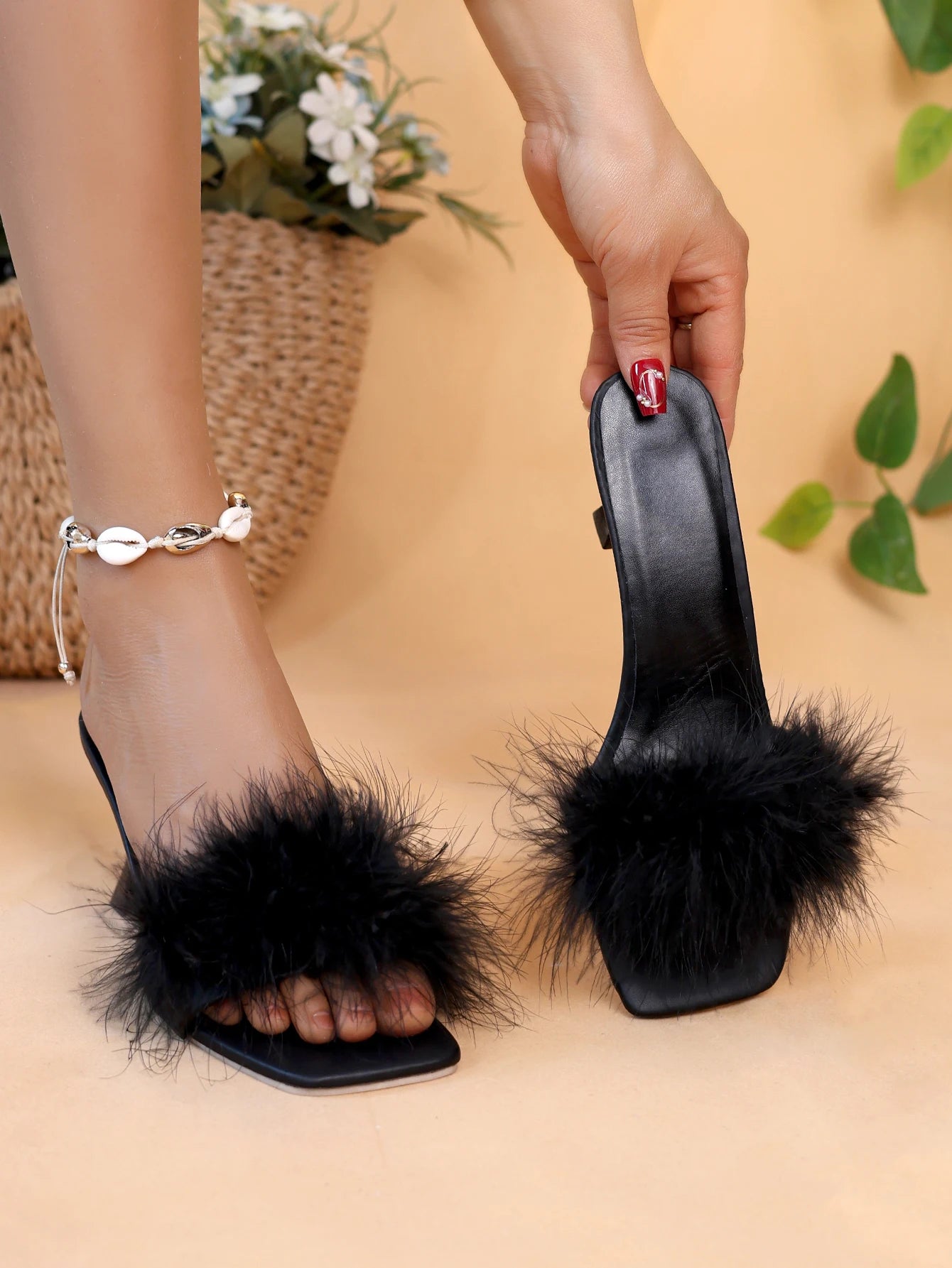 Women's Black Feather-Trim High Heel Sandals - Casual Strappy High Heels