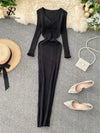SINGRAIN Women's Autumn Winter V-Neck Long Knit Sweater Dress Slim Stretch Mid-Calf Bodycon