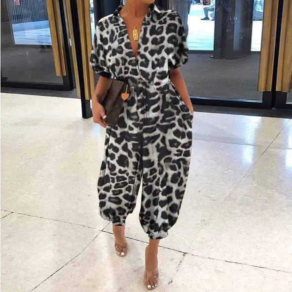Women's Short Sleeve Lace-Up Dot Leopard Print Jumpsuit with Pockets, Casual Vintage Wide-Leg Ankle-Length