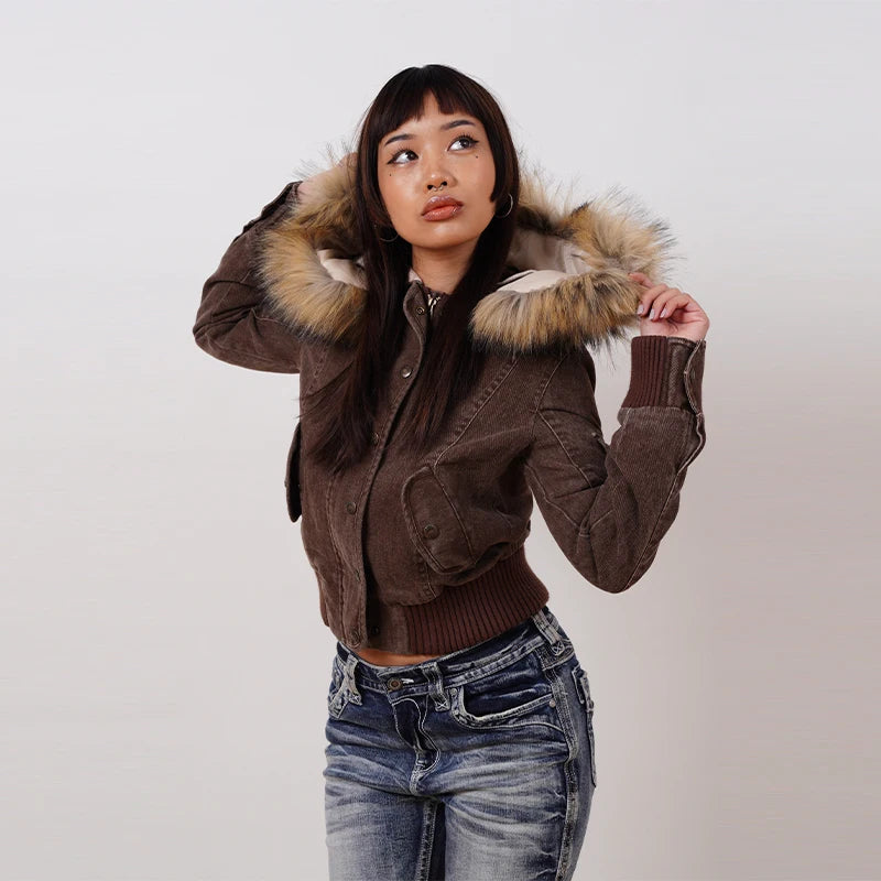 Vintage Brown Short Stand Collar Jacket for Women - Slim Full-Sleeve Detachable Fur Collar Autumn Winter Outerwear