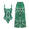 Women's Long Sleeve Majolica Print Bikini Set with High-Waist Skirt - Wire-Free Padded Beach Swimsuit