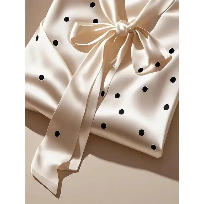 High-Quality Satin Polka Dot Blouse for Women — Lace-Up Bow Long Sleeve Office Casual Top
