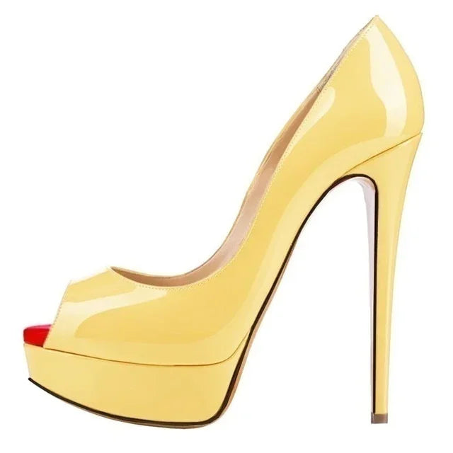 Women Platform Peep Toe Pumps 14cm (5.5 in) Thin Stiletto Patent Leather Party & Wedding Heels