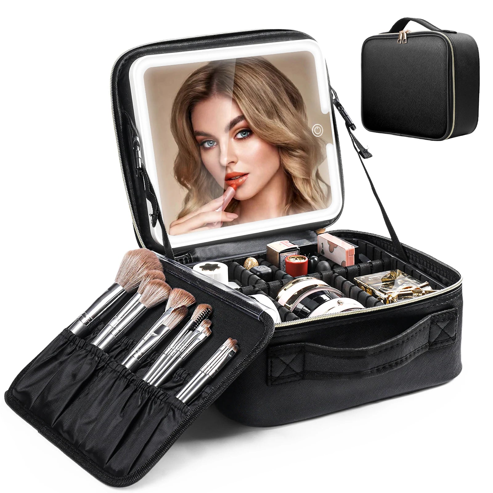 Travel Makeup Train Case with LED Lighted Mirror & Adjustable Dividers — Large Cosmetic Organizer