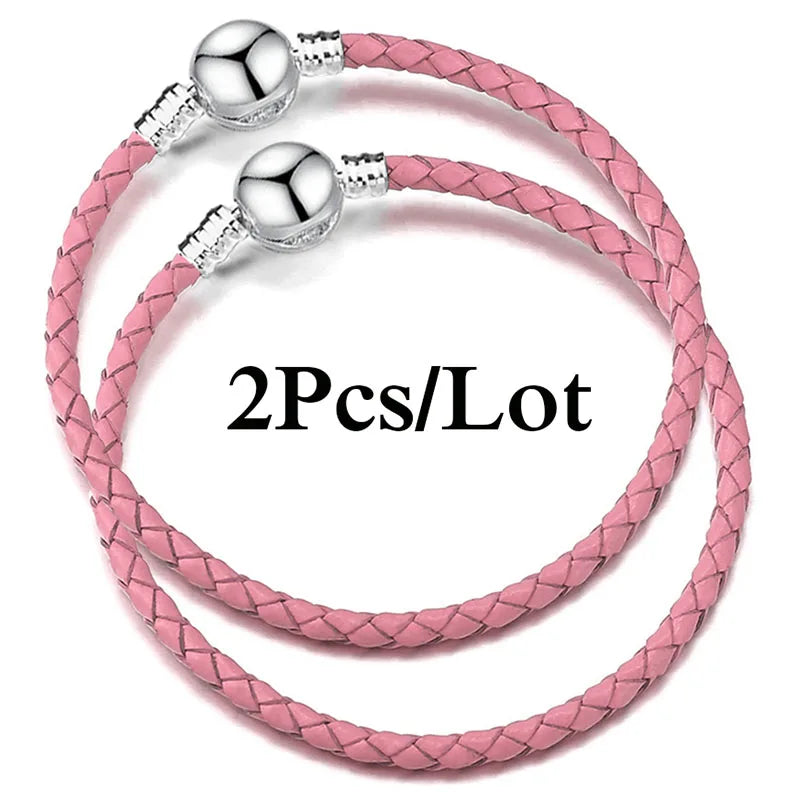 2-Pack Leather Chain Charm Bracelets with Beads – Handmade Couples Pulsera Jewelry (Unisex)