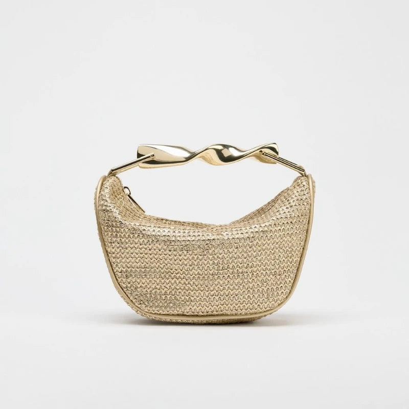 Half-Moon Woven Straw Shoulder Bag – Women's Beach Crossbody Tote with Zipper & Chain Accent