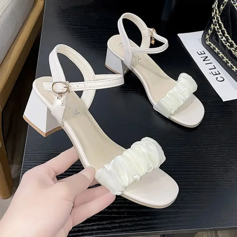 French Style Women's Crystal Mesh High-Heeled Sandals, Lightweight Soft Square Thick Heel