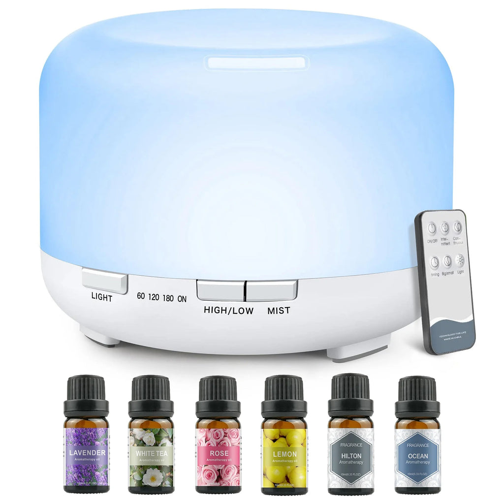 500ml (16.9 fl oz) Aromatherapy Oil Diffuser + 6 x 10ml (0.34 fl oz) Essential Oil Set - Lavender, Rose, Jasmine, Lemon, Hilton, Ocean