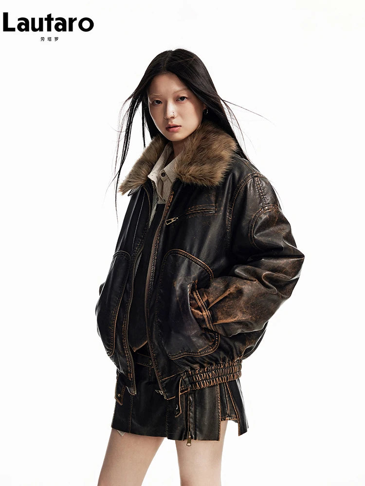 Vintage Distressed Brown PU Faux Leather Jacket with Faux Fur Collar – Women's Zipper Moto Coat