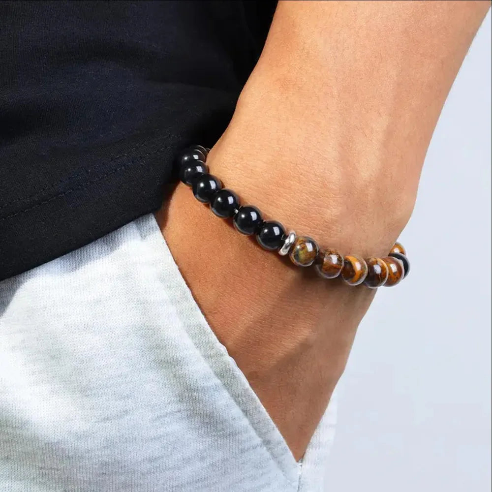 Triple Protection 8mm Gemstone Stretch Bracelet – Tiger Eye, Black Obsidian & Hematite (Unisex)