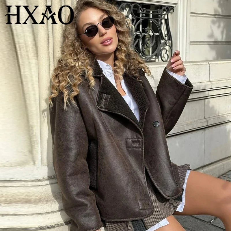 Women's Faux Leather Cropped Winter Coat with Faux Fur Collar – Waterproof Button Windbreaker, Brown