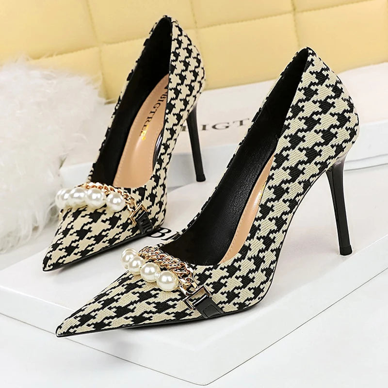 BIGTREE Women's Pearl Chain Stiletto Pumps – Pointed Toe High Heels for Party & Banquet