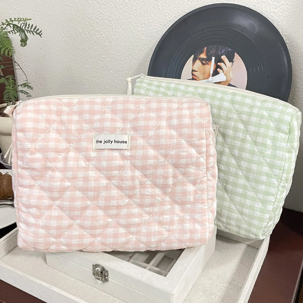 Large Capacity Women's Cosmetic Pouch Pink Plaid Canvas Travel Makeup Bag and Clutch