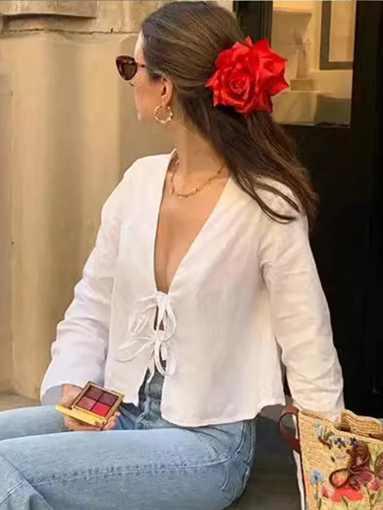 Women's White Lace-Up V-Neck Blouse — Loose Long Sleeve Casual Chic Top