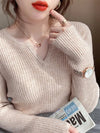 Autumn Winter Women's Rib Knit V-Neck Stripe Pullover Sweater Y2K Long Sleeve Casual