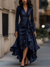 Women's Deep V-Neck Ruffled Satin Evening Gown — Long Sleeve Lace-Up High Waist A-Line Party & Wedding Guest Dress
