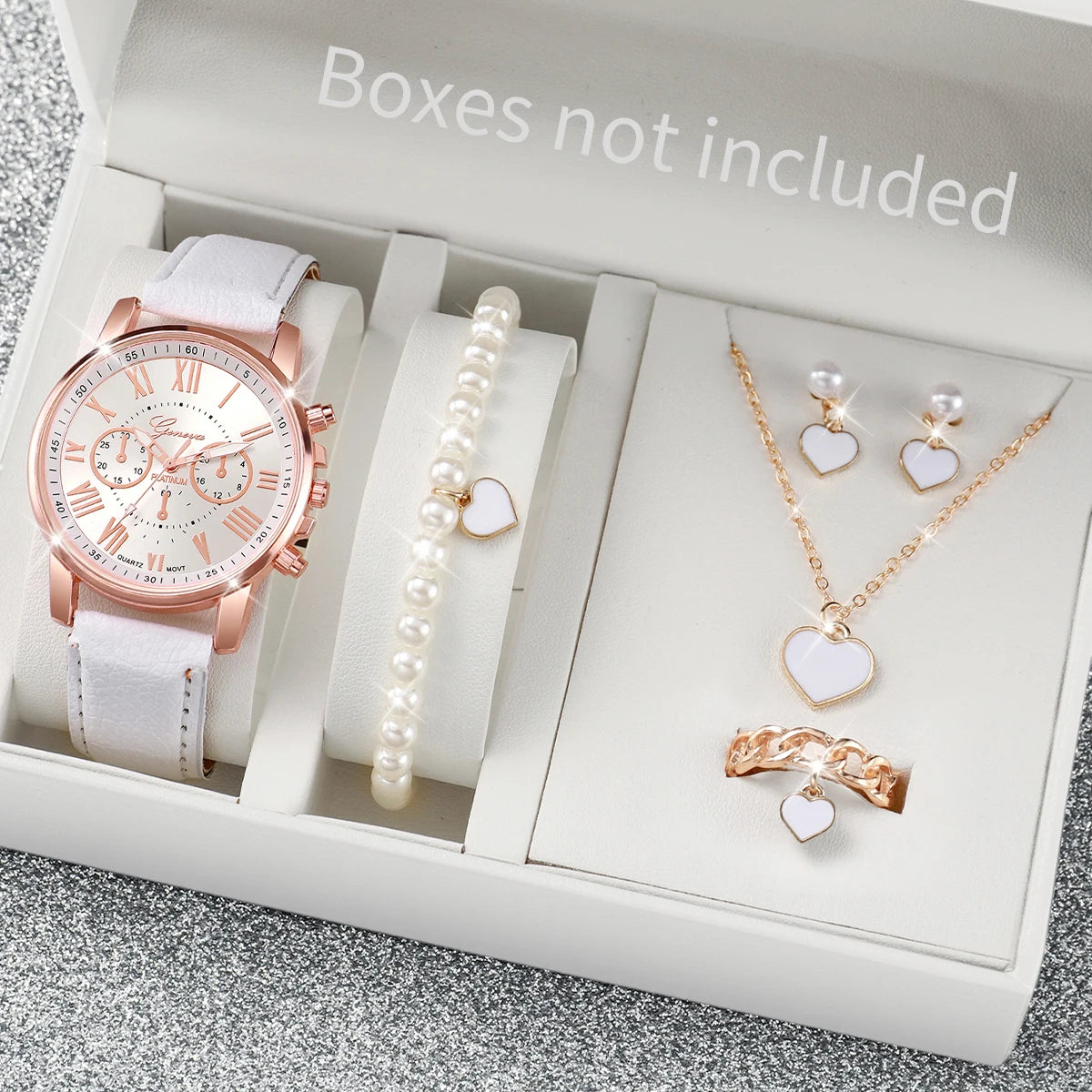 5/6-Piece Women's Quartz Leather Strap Watch Set with Heart Rhinestone Charm - Analog Fashion Wristwatches (Box Not Included)