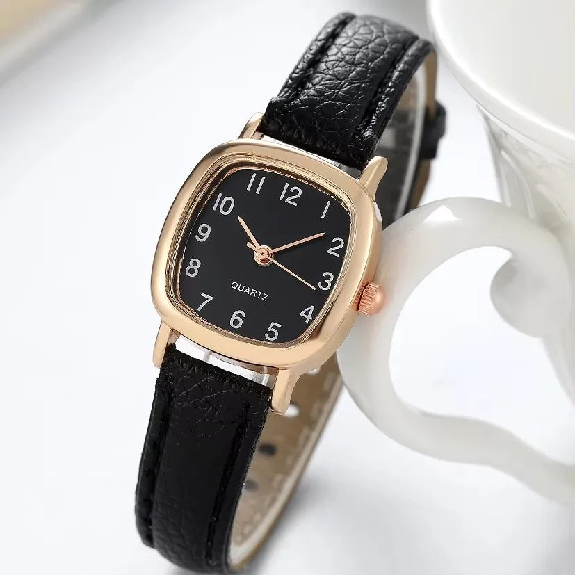 Women's Square Vintage Small Dial Quartz Watch with Leather Strap - Roman Numerals, Casual Fashion