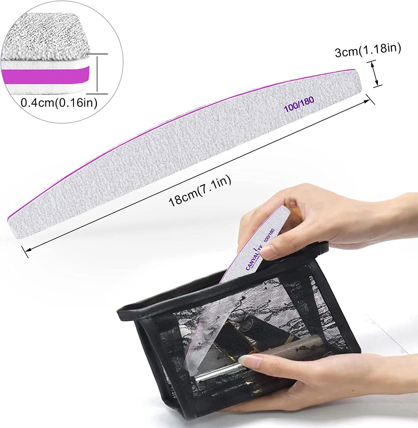 5-Pack Half-Moon Nail Files – Double-Sided 100/180 Grit Emery Boards, 7.1 in (18 cm) Manicure & Pedicure Tools for Home and Salon