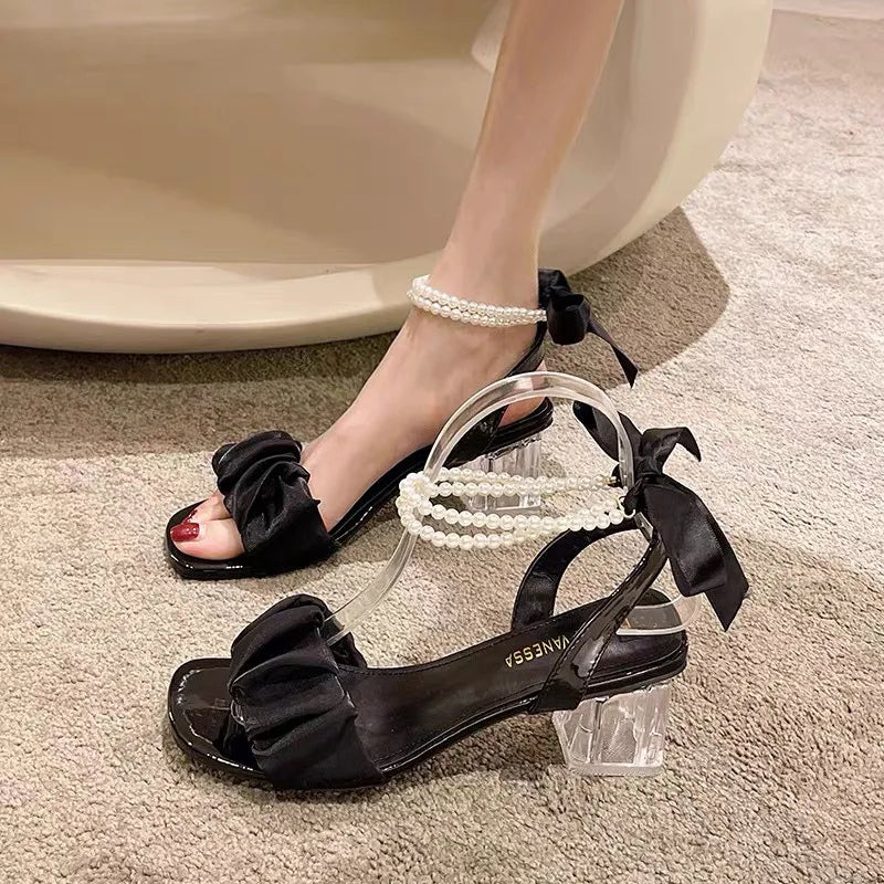 Women's Pearl Ankle-Strap Mid-Heel Sandals - Square Heel (3-5 cm / 1.2-2.0 in) Party Summer