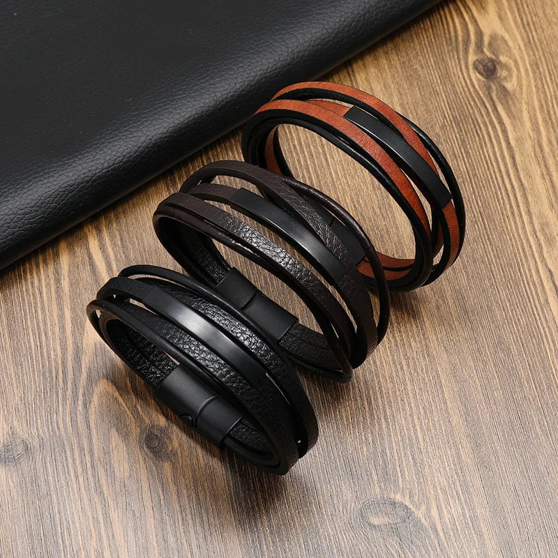 Men's Multilayer Braided Leather Bracelet with Magnetic Alloy Clasp - Retro Punk