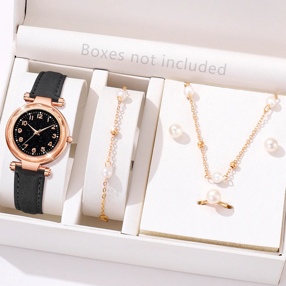 6-Piece Red Women’s Watch & Cherry Jewelry Gift Set – Minimalist Quartz Watch with Leather Strap