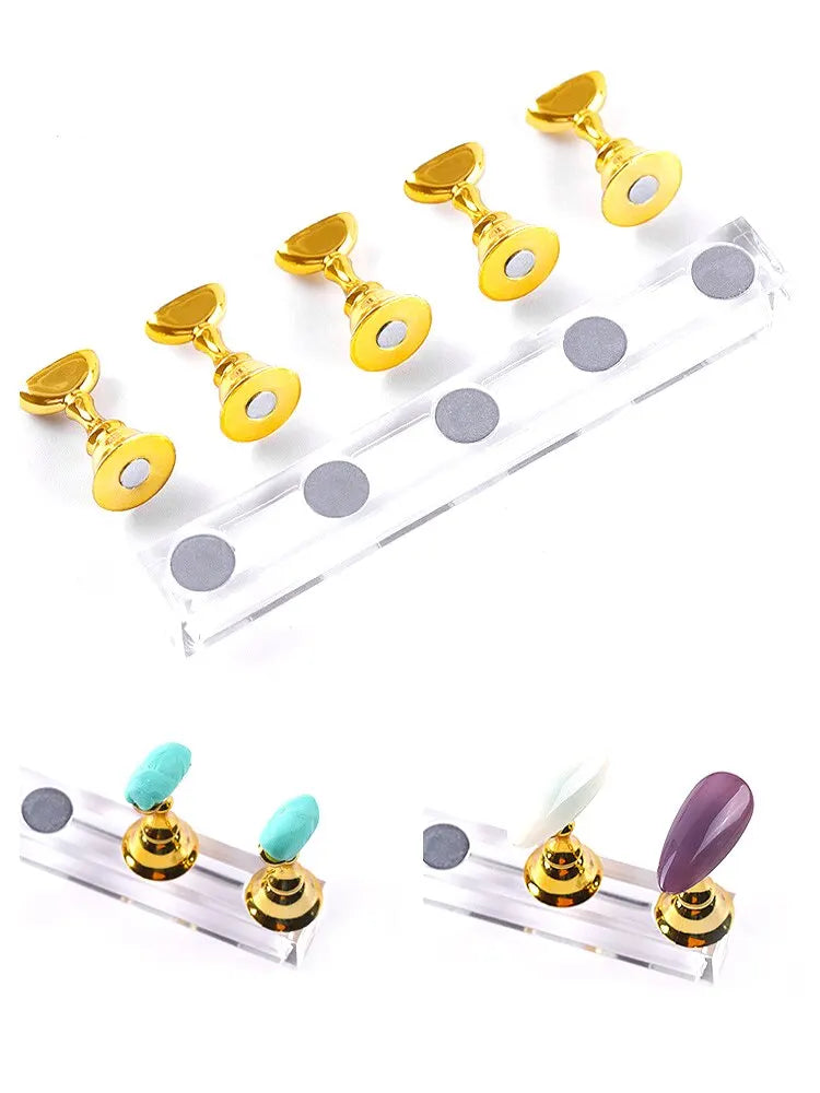 5-Pack Magnetic Nail Tip Holders with Acrylic Base – Gold Silver Rose Gold Nail Art Display Stand for Gel Polish Manicure