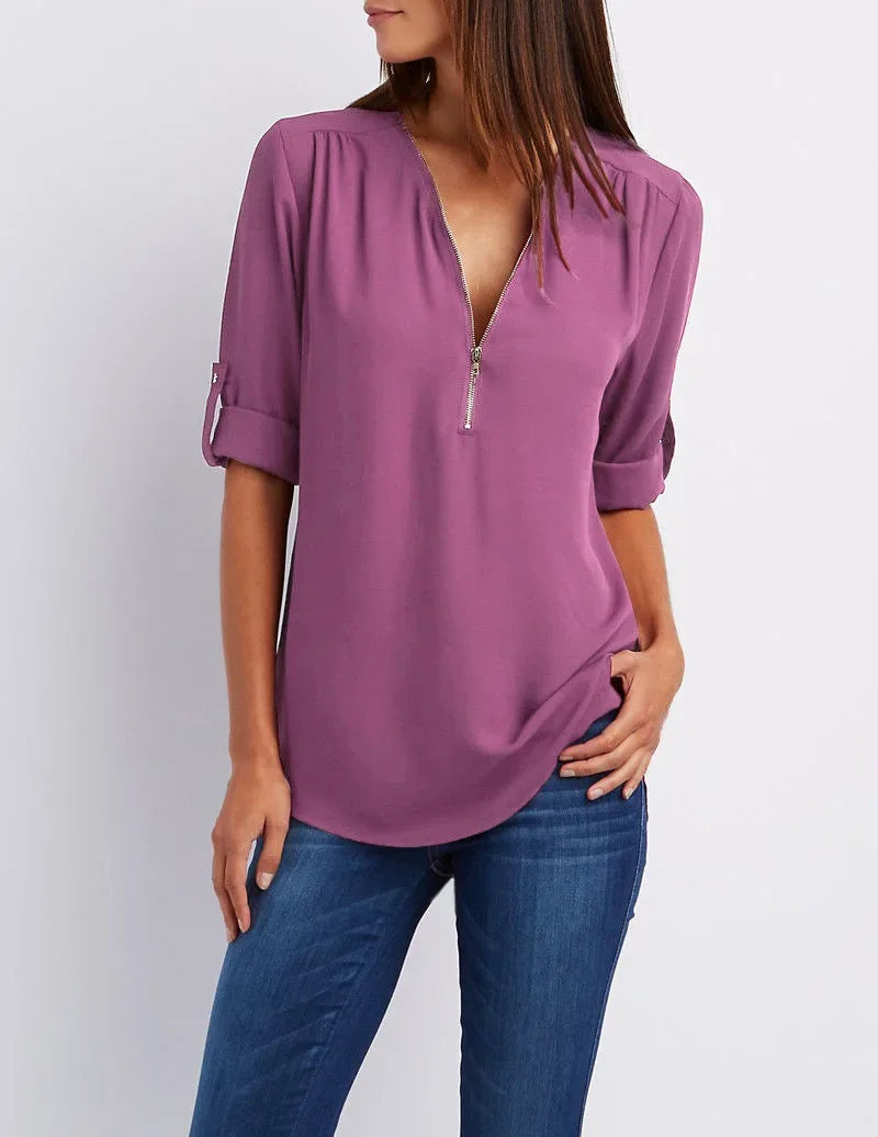 Women's Loose V-Neck Chiffon Blouse with Zipper Pullover — Casual Plus Size