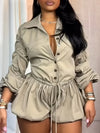 Women's Solid Lapel Long-Sleeve Lace-Up Jumpsuit with Button Detail, Casual Elegant