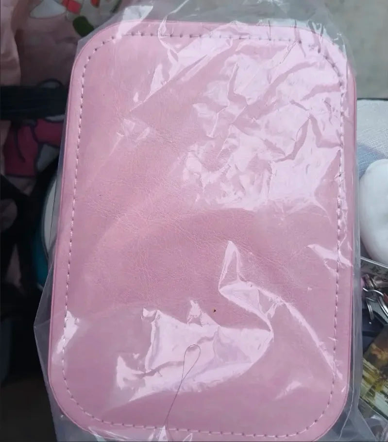 Foldable USB LED Makeup Mirror, Touch Control, 1X/10X Magnification, Adjustable Brightness, Pink Faux Leather Travel Cosmetic Organizer