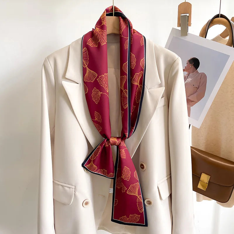 Women's Silk-Feel Printed Long Narrow Scarf 12 x 148 cm (4.7 x 58.3 in) - 50+ Colors | Headband & Shawl