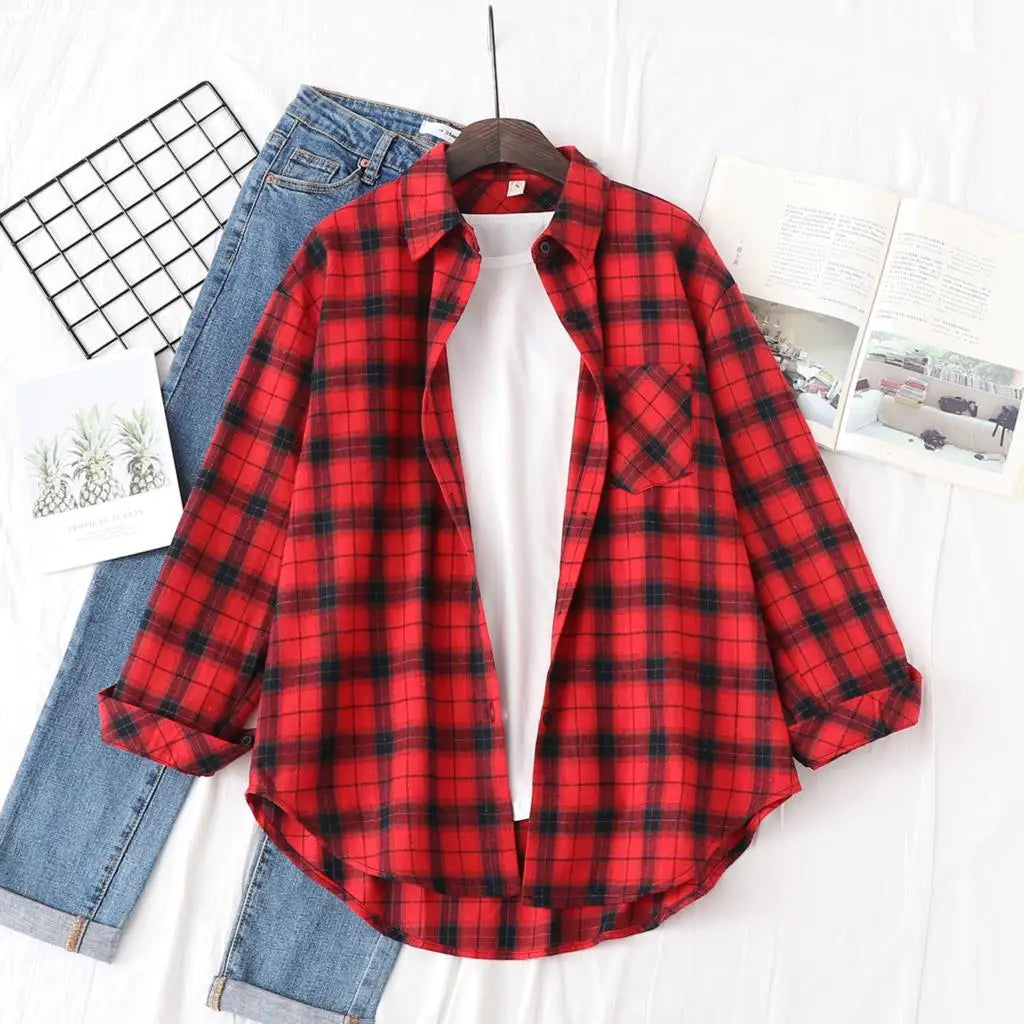 YEOIN Women's Flannel Plaid Shirt - Loose Casual Cotton-Blend Long Sleeve Blouse