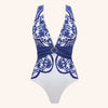 Women's Long Sleeve Majolica Print Bikini Set with High-Waist Skirt - Wire-Free Padded Beach Swimsuit