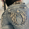 Retro Embroidered Wing-Pocket Boot-Cut Jeans for Women – Mid-Rise Blue Wide-Leg Streetwear Harajuku Gothic