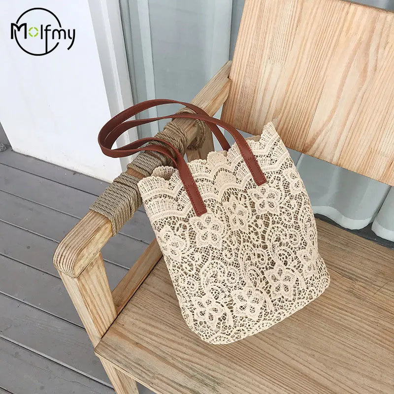 Lace Bucket Shoulder Bag for Women – Korean Straw Tote Beach Handbag, Elegant Summer Shoulder Bag