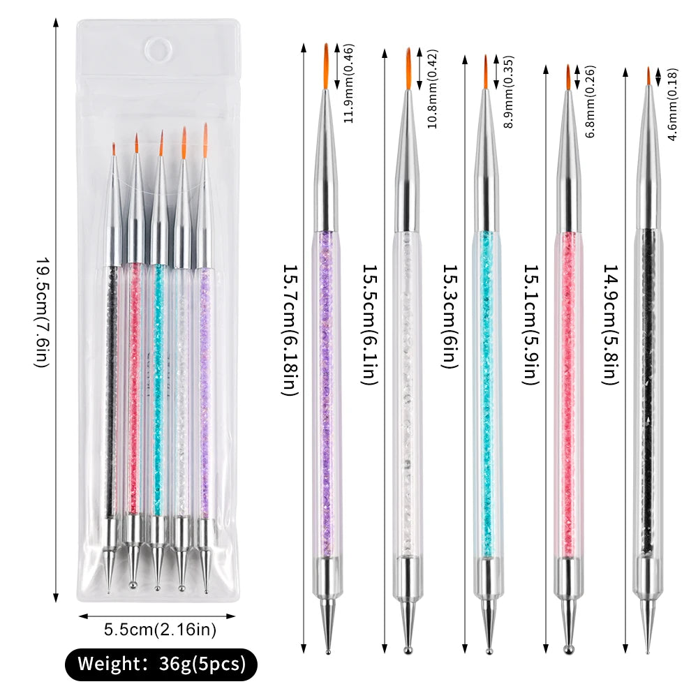 5-Piece Stripe Liner Nail Brush Set with Dotting Tool & Rhinestone Picker for Nail Art