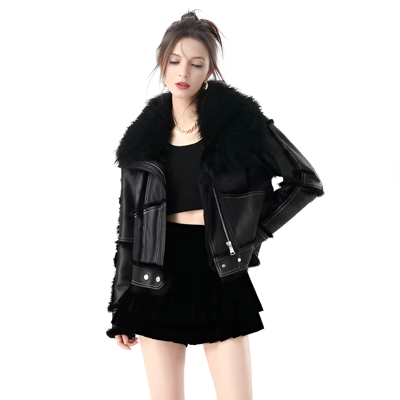 Women's Retro Short Faux Leather Fur Moto Biker Jacket with Zipper and Turn-Down Collar