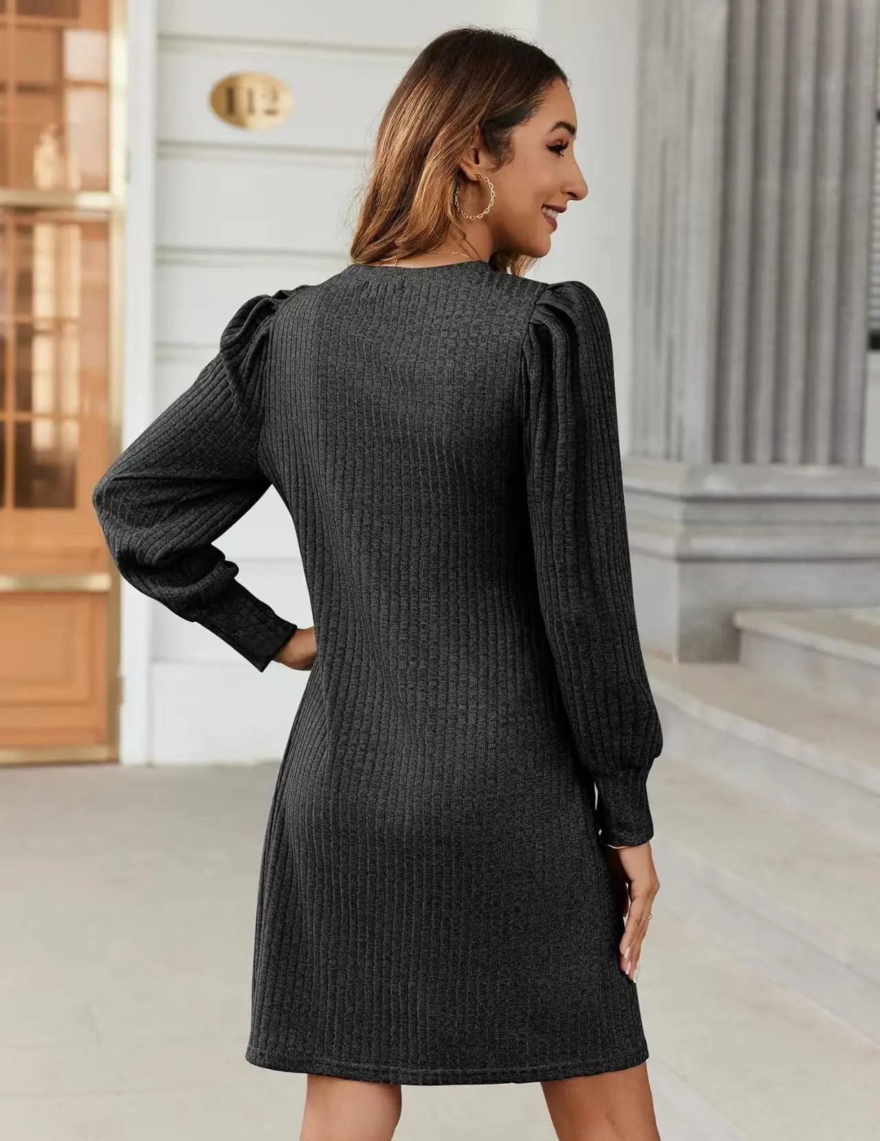 Women's Knit Puff Sleeve A-Line Dress with Pockets, Long Sleeve O-Neck Knee-Length Casual