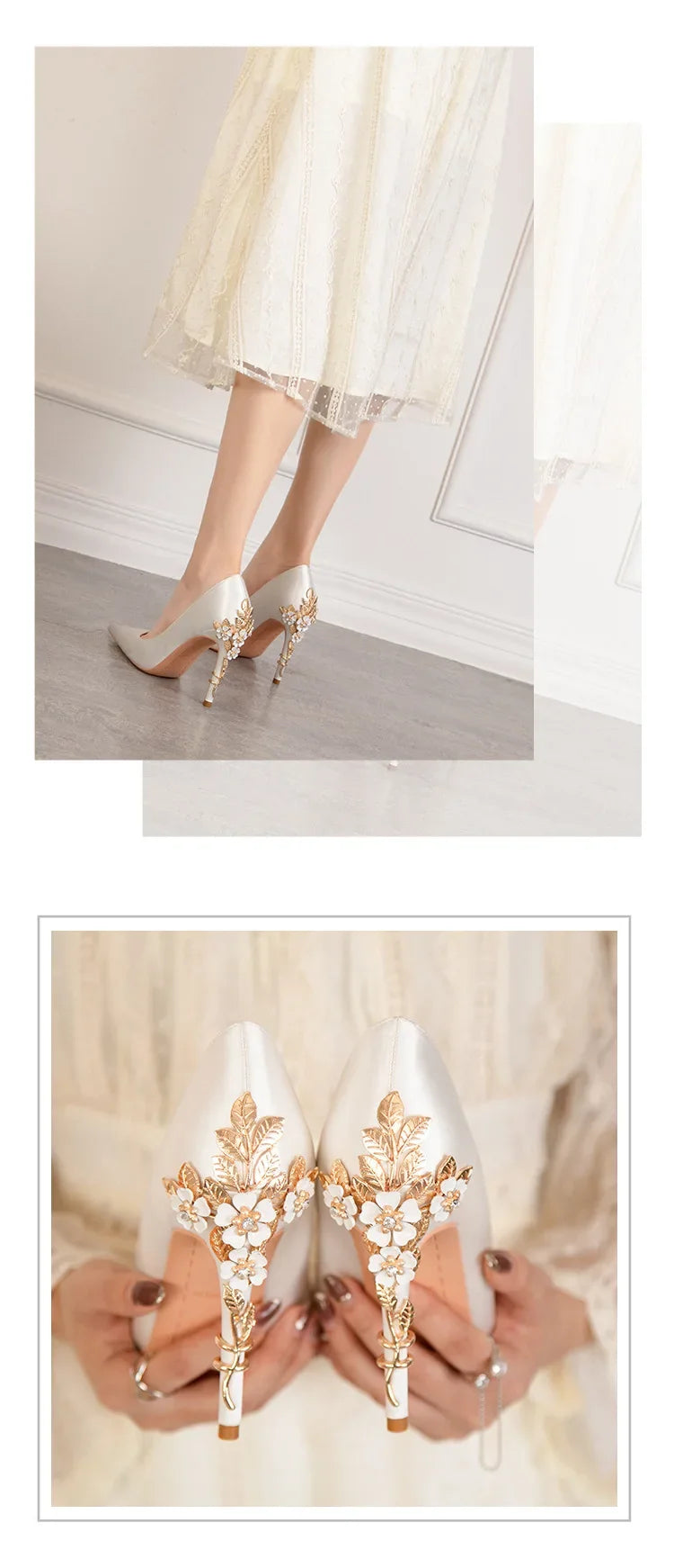 Women's Satin Pointed-Toe Stiletto Pumps with Metal Flower Detail — High Heel Wedding Shoes